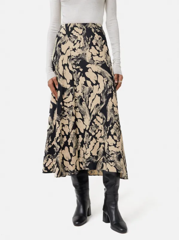 Ink Wave Satin Midi Skirt | Monochrome sold by Jigsaw