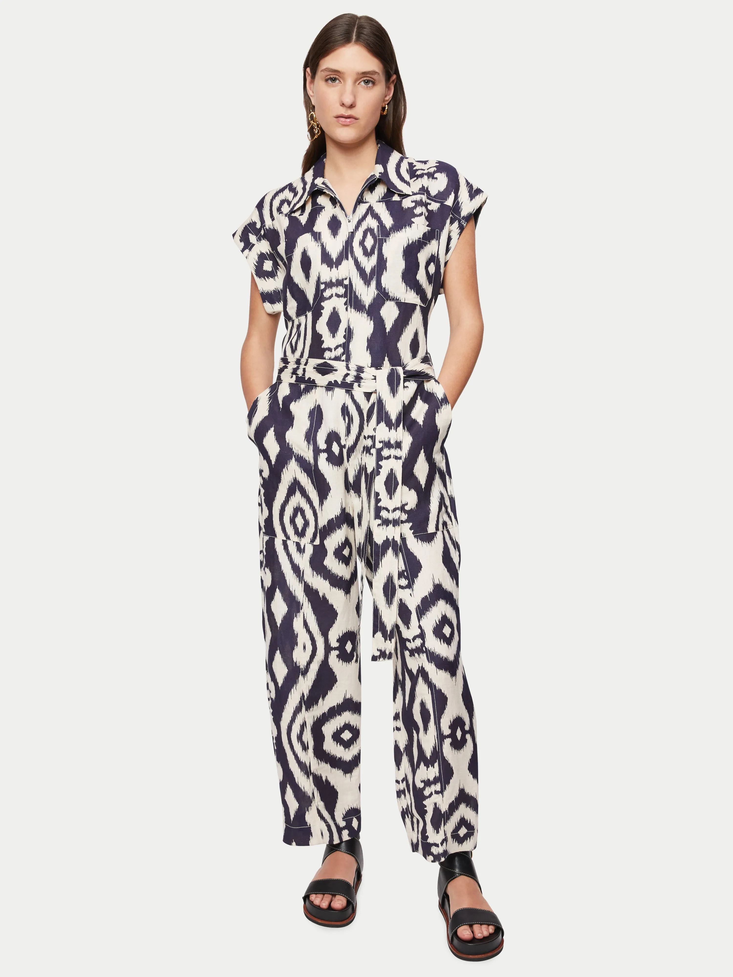 Linen Blend Ikat Jumpsuit | Navy sold by Jigsaw