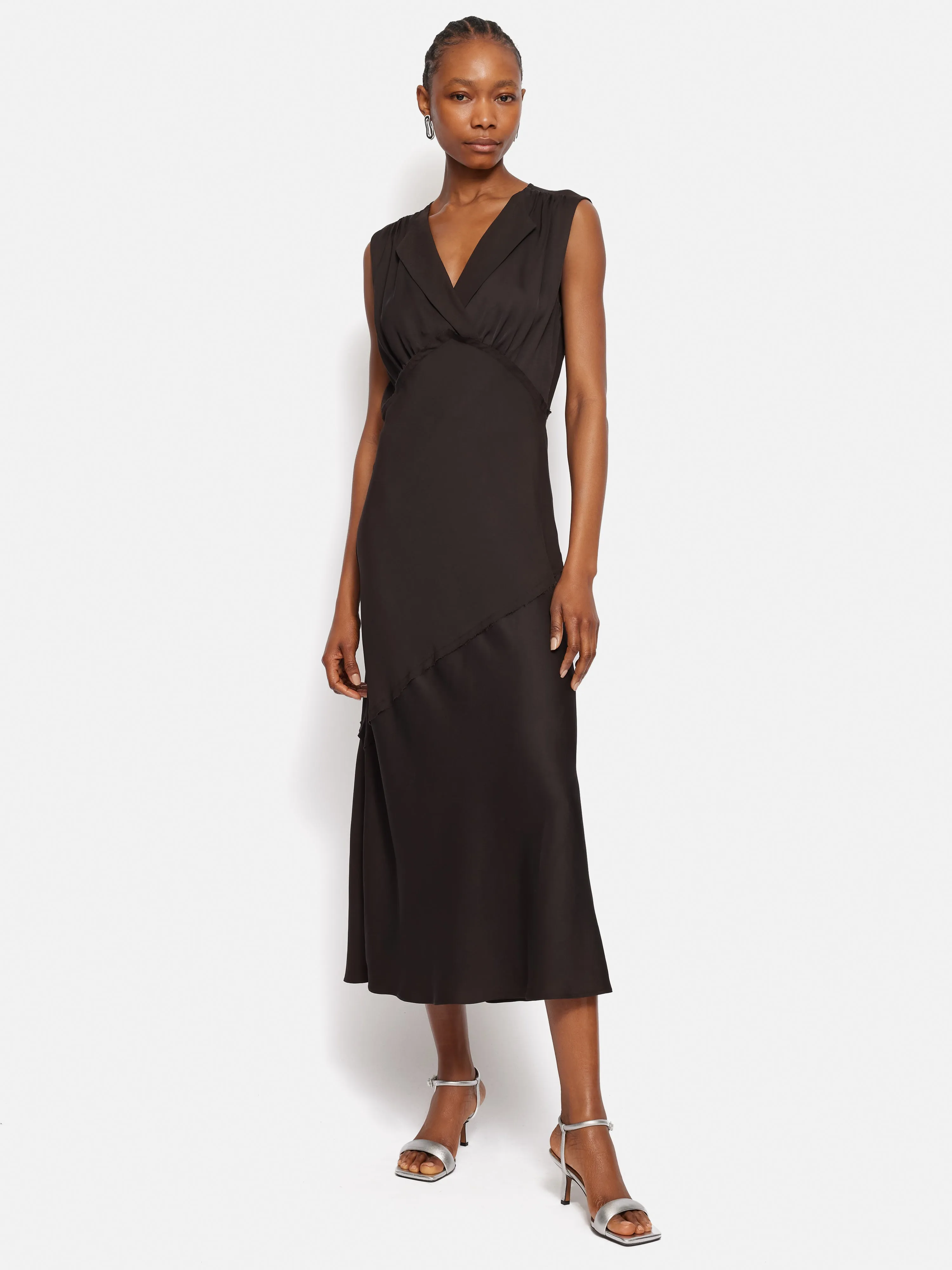 Satin Sleeveless V Neck Dress | Brown sold by Jigsaw