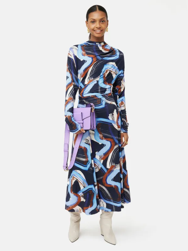 Painted Abstract Ruched Jersey Dress | Blue sold by Jigsaw