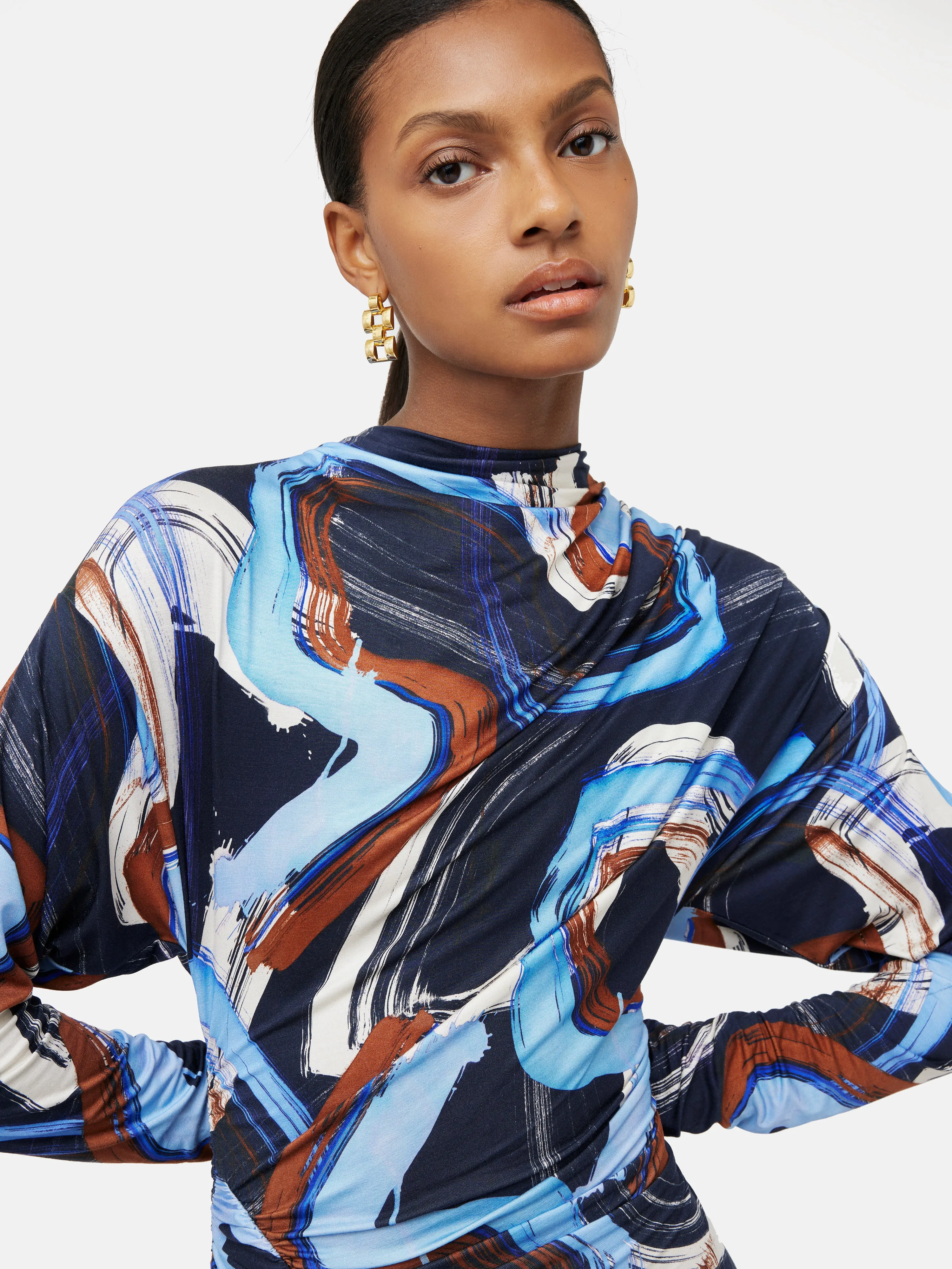 Painted Abstract Ruched Jersey Dress | Blue sold by Jigsaw product image thumbnail 2