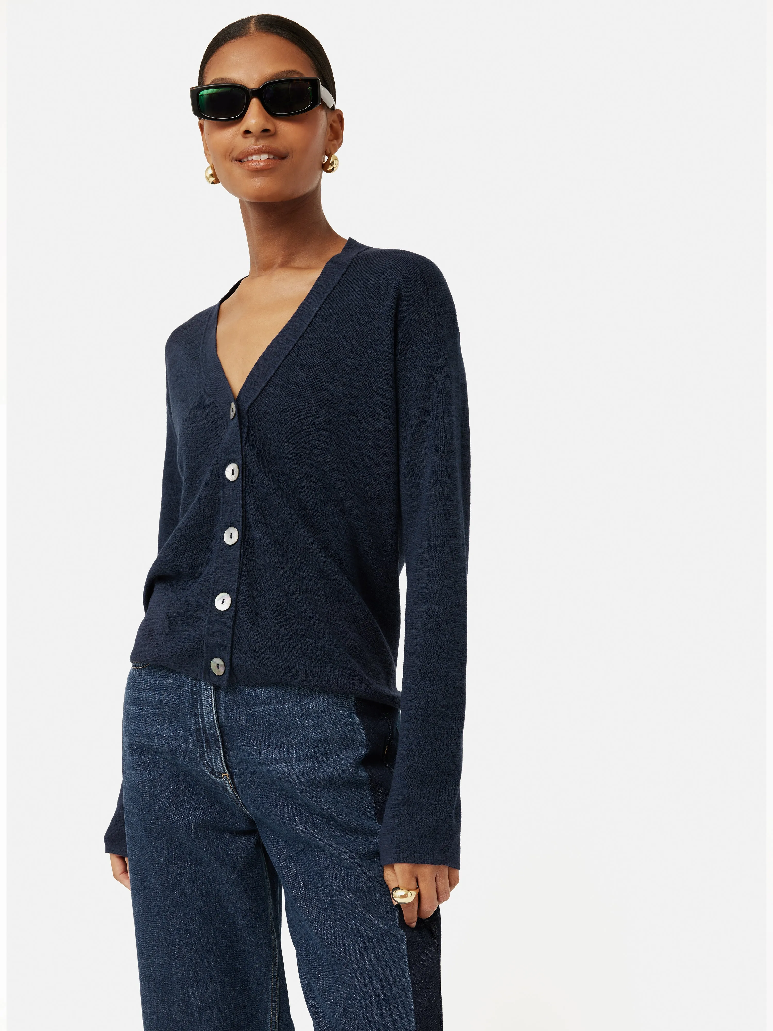 Linen Cotton V Neck Cardigan | Blue sold by Jigsaw