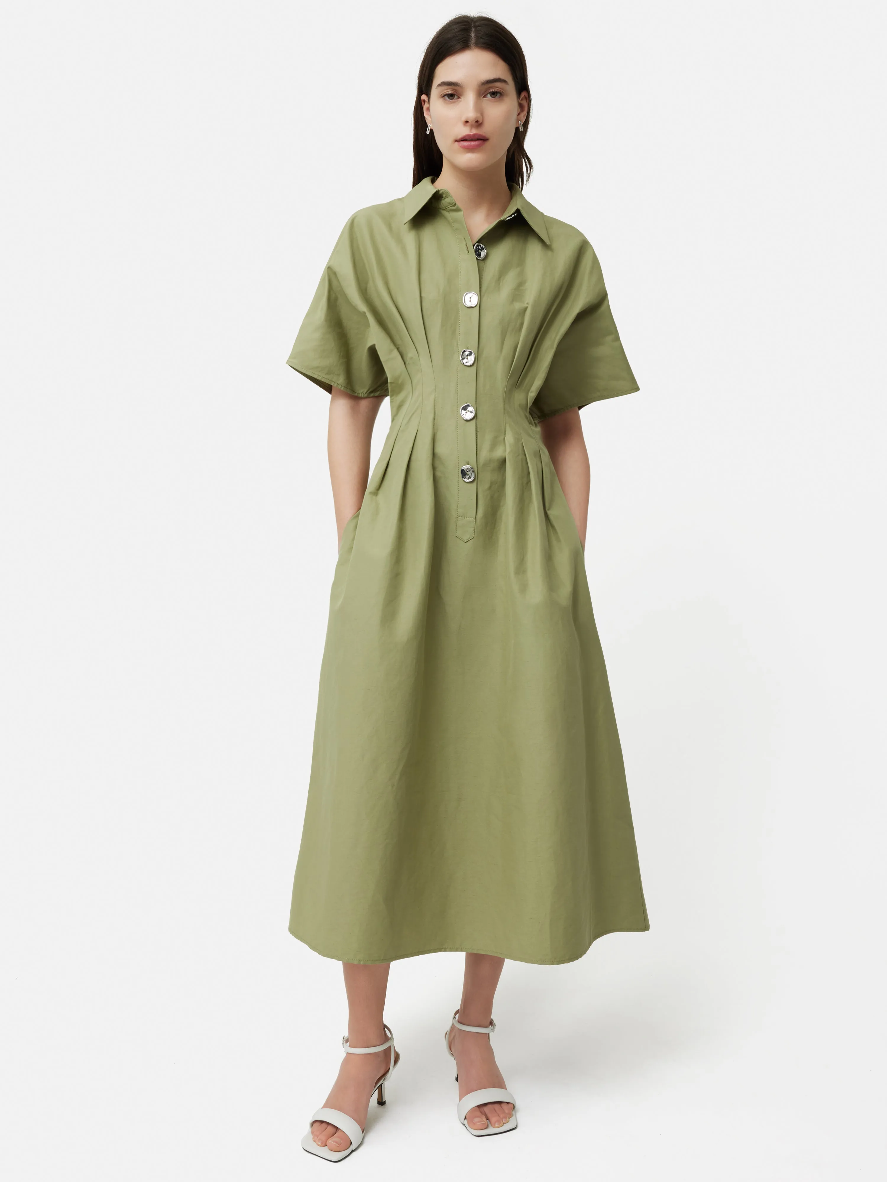 Cotton Stitched Pleat Dress | Green sold by Jigsaw