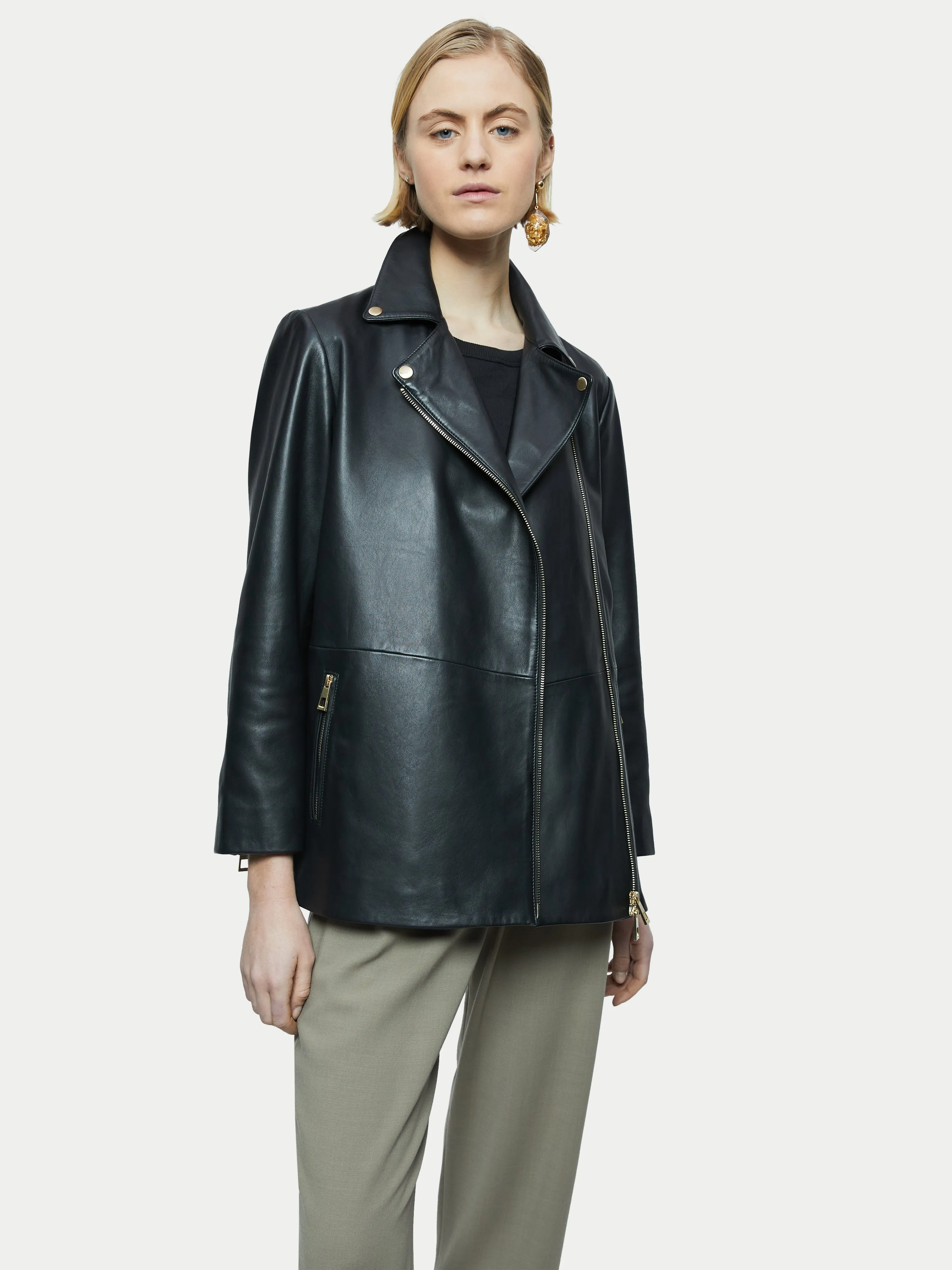 Sanford Long Leather Biker | Black sold by Jigsaw