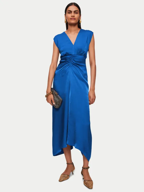 Hammered Satin Ruched Dress | Blue sold by Jigsaw