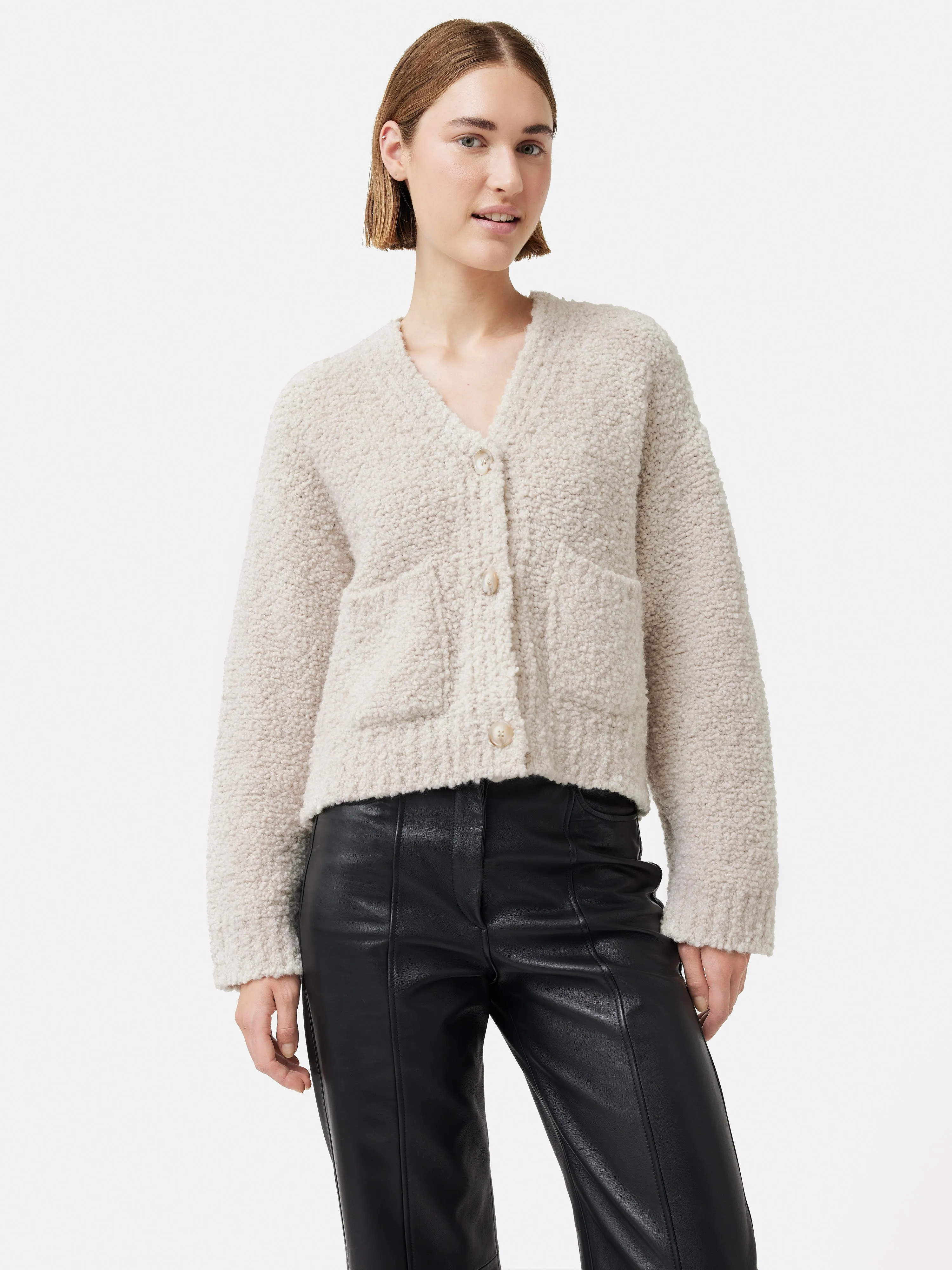 Boucle V Neck Cardigan | Cream sold by Jigsaw