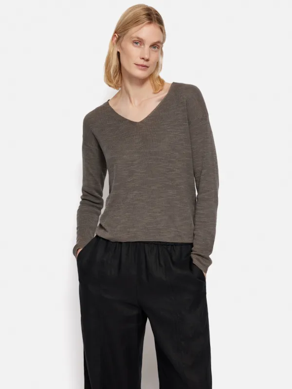 Linen Cotton V Neck Jumper | Brown sold by Jigsaw