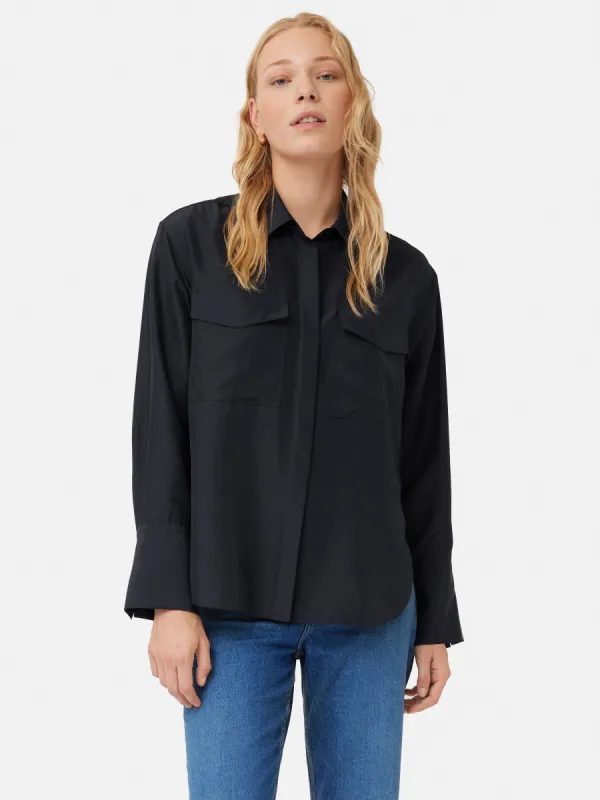Military Habotai Silk Shirt | Navy sold by Jigsaw