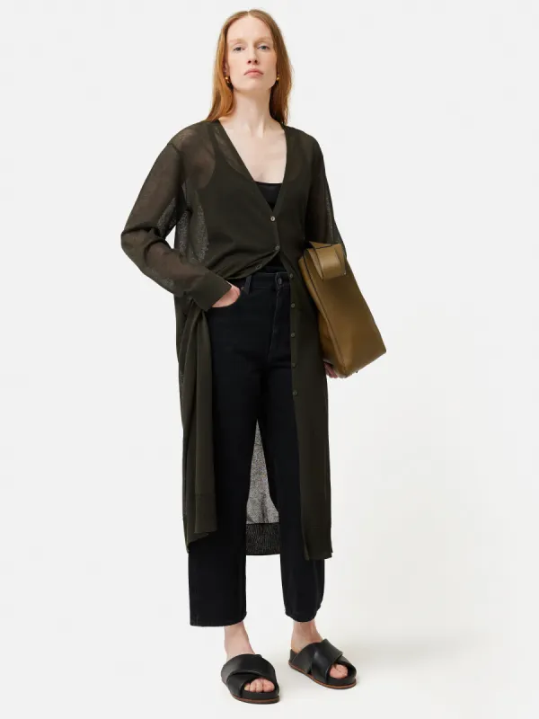 Sheer Long Cardigan | Dark Green sold by Jigsaw