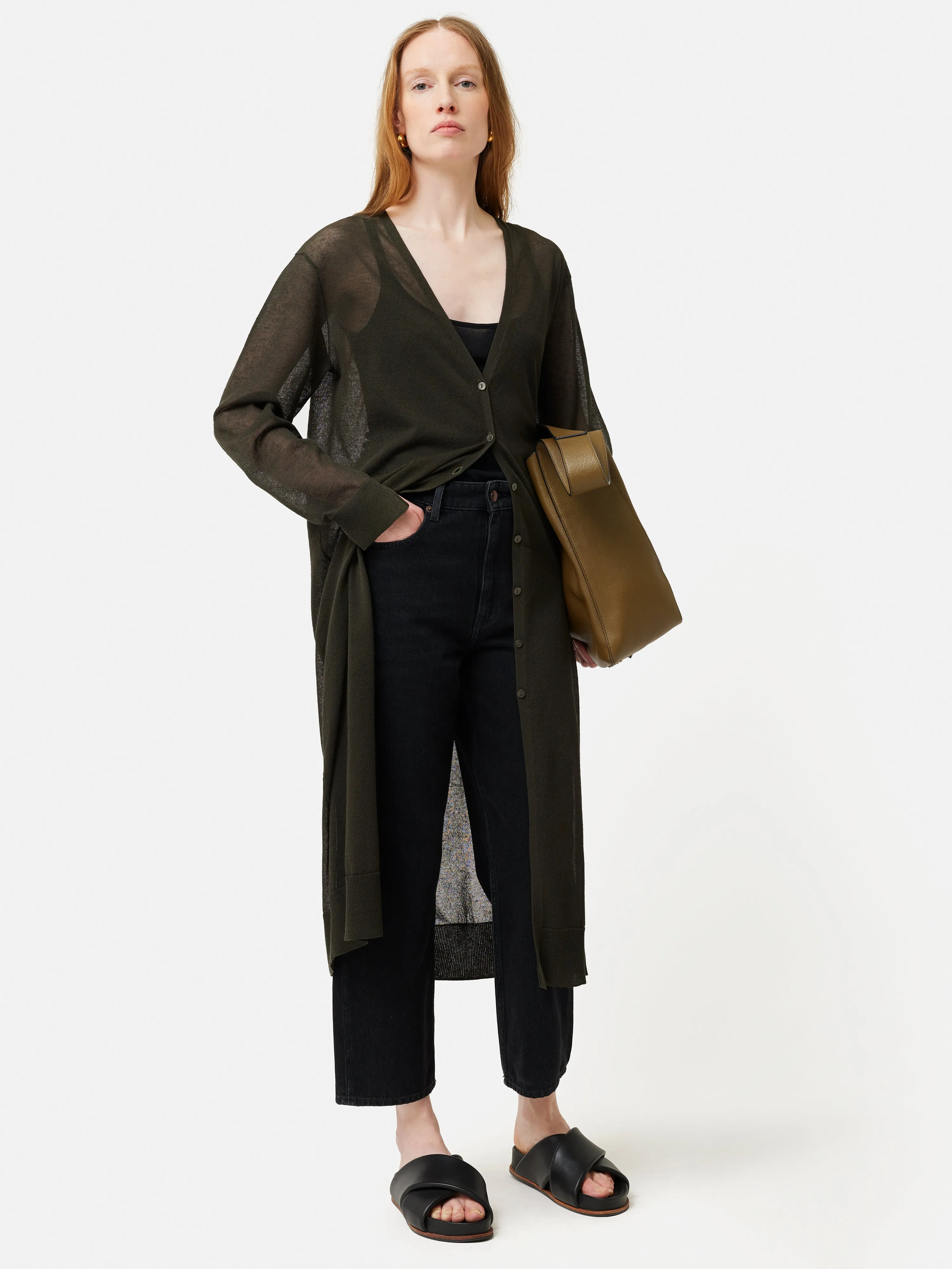 Sheer Long Cardigan | Dark Green sold by Jigsaw
