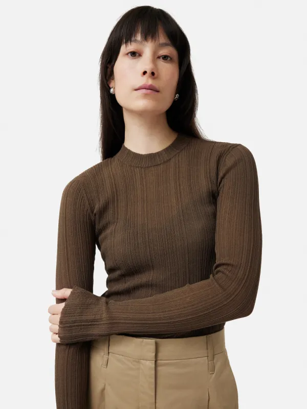 Irregular Plisse Crew Top | Brown sold by Jigsaw