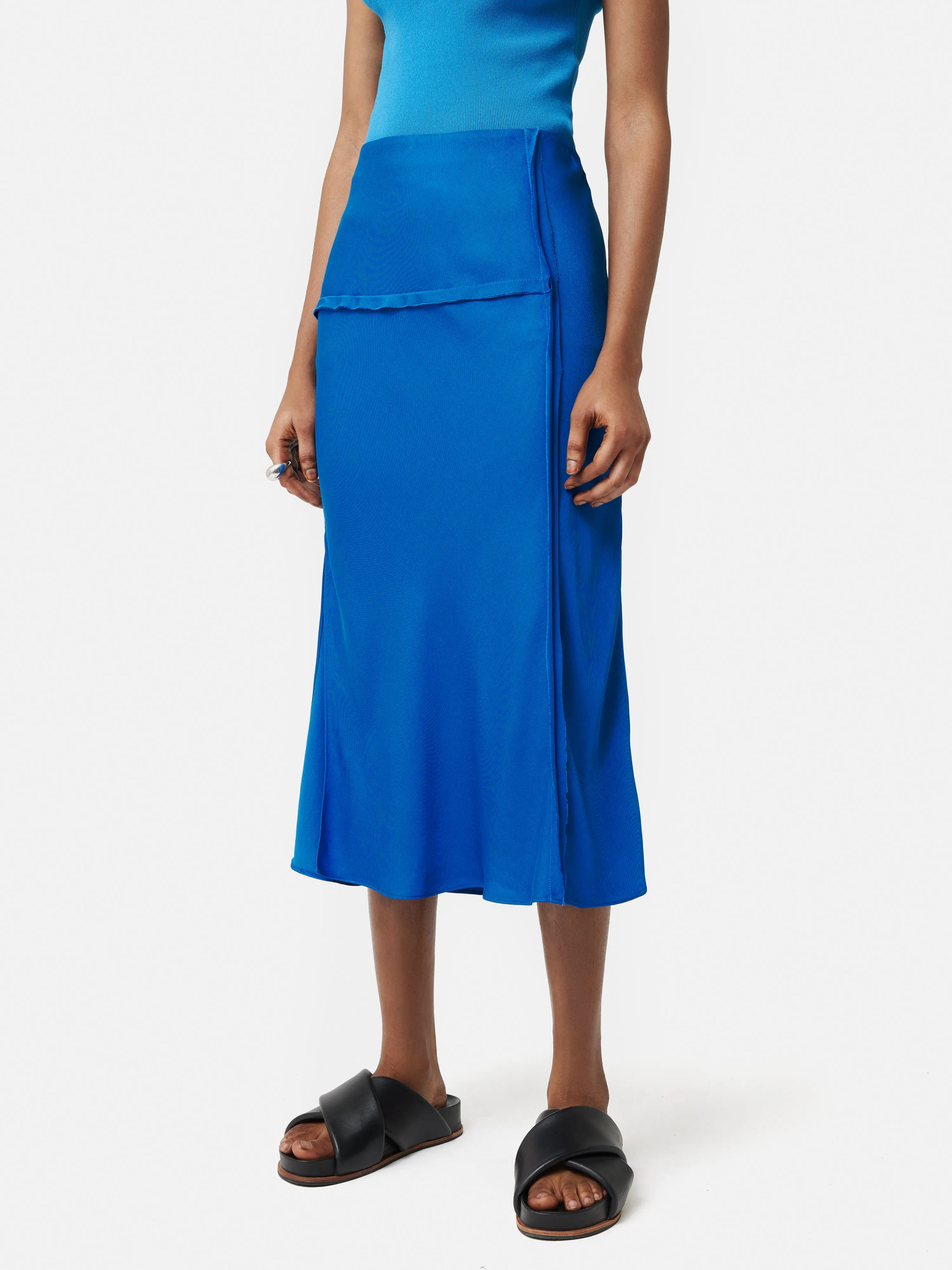 Satin Crepe Raw Edge Skirt | Blue sold by Jigsaw