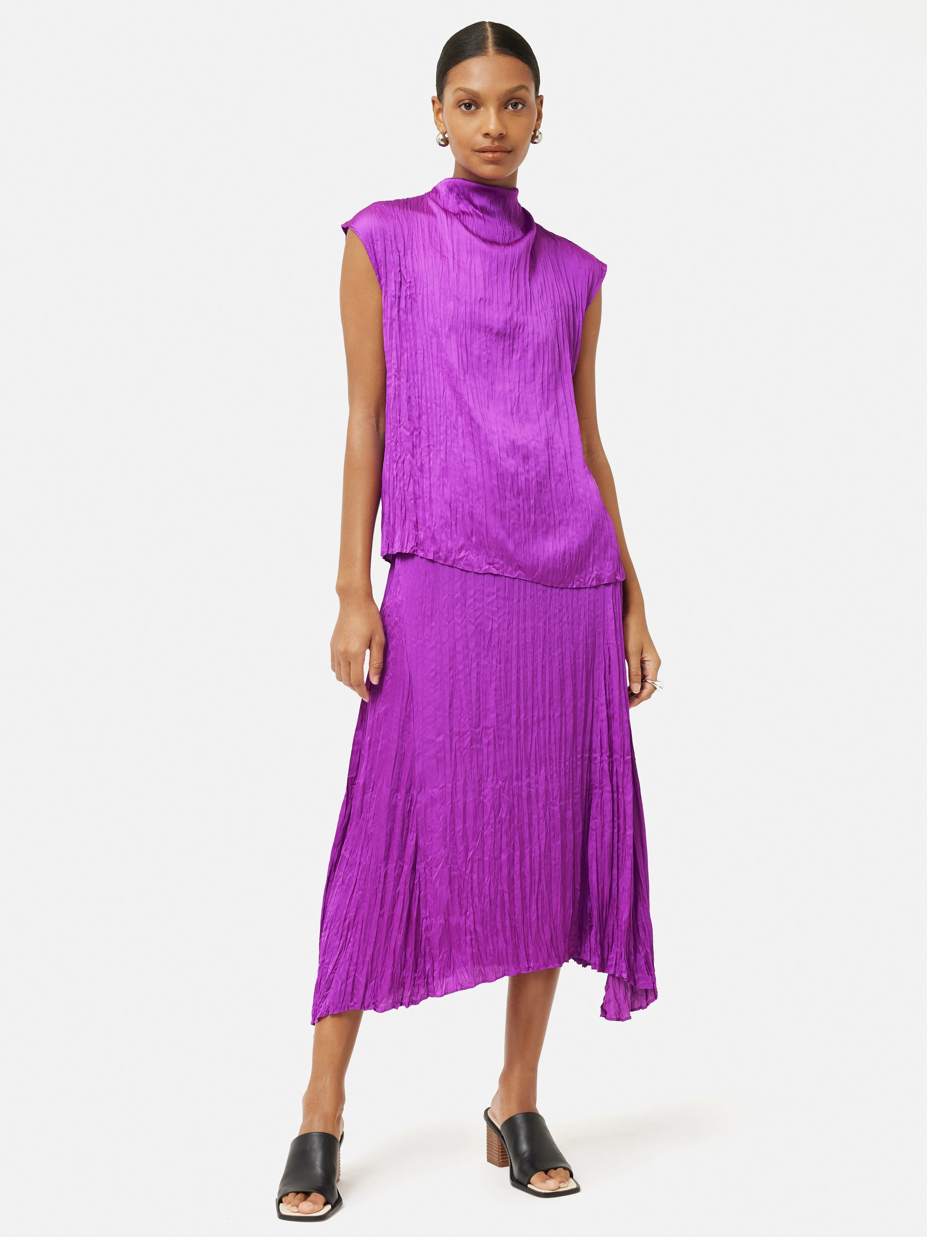 Satin Crinkle Midi Skirt | Purple Orchid sold by Jigsaw