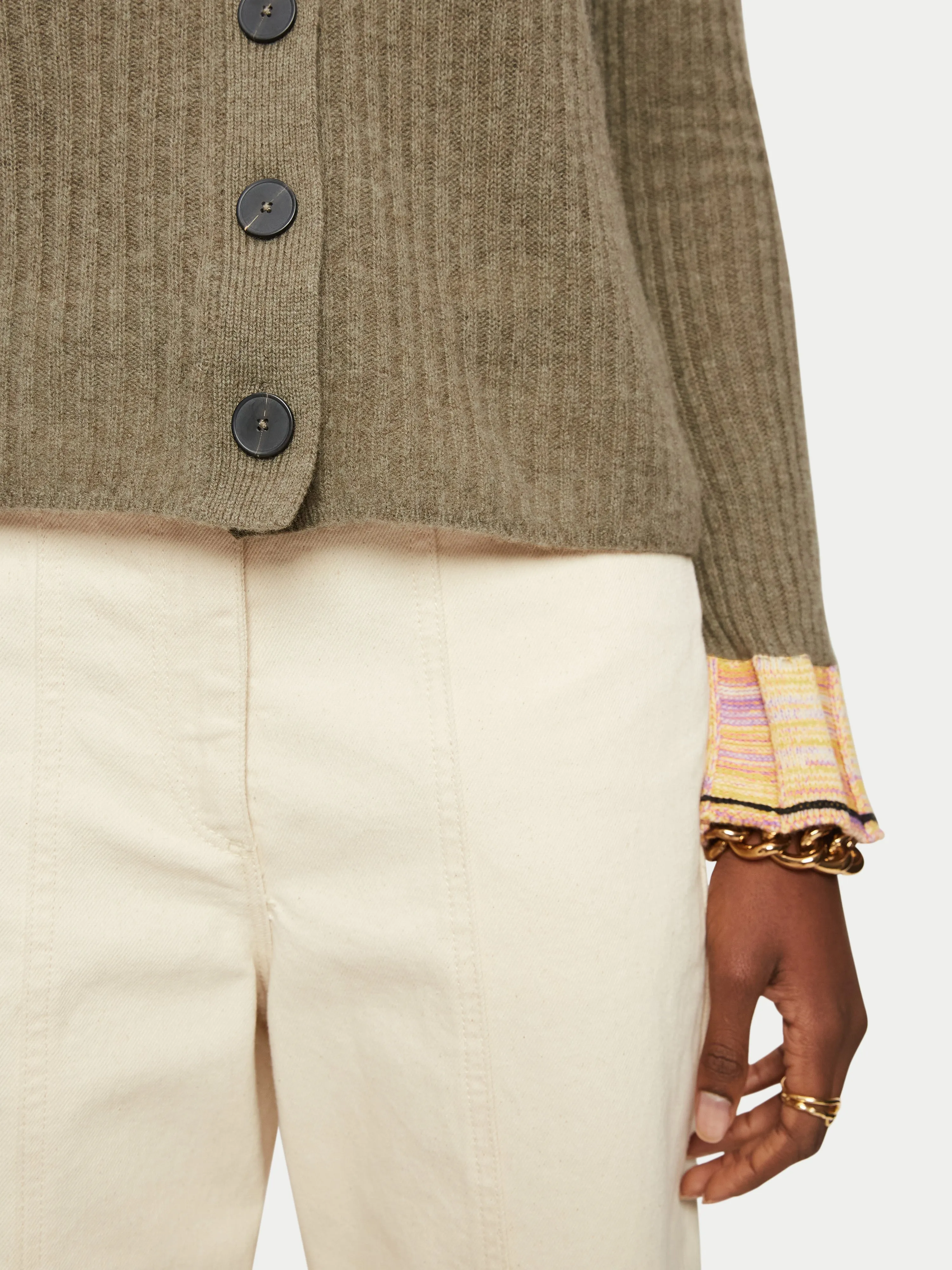 Merino Cashmere Rib V Cardigan | Khaki sold by Jigsaw product image thumbnail 3