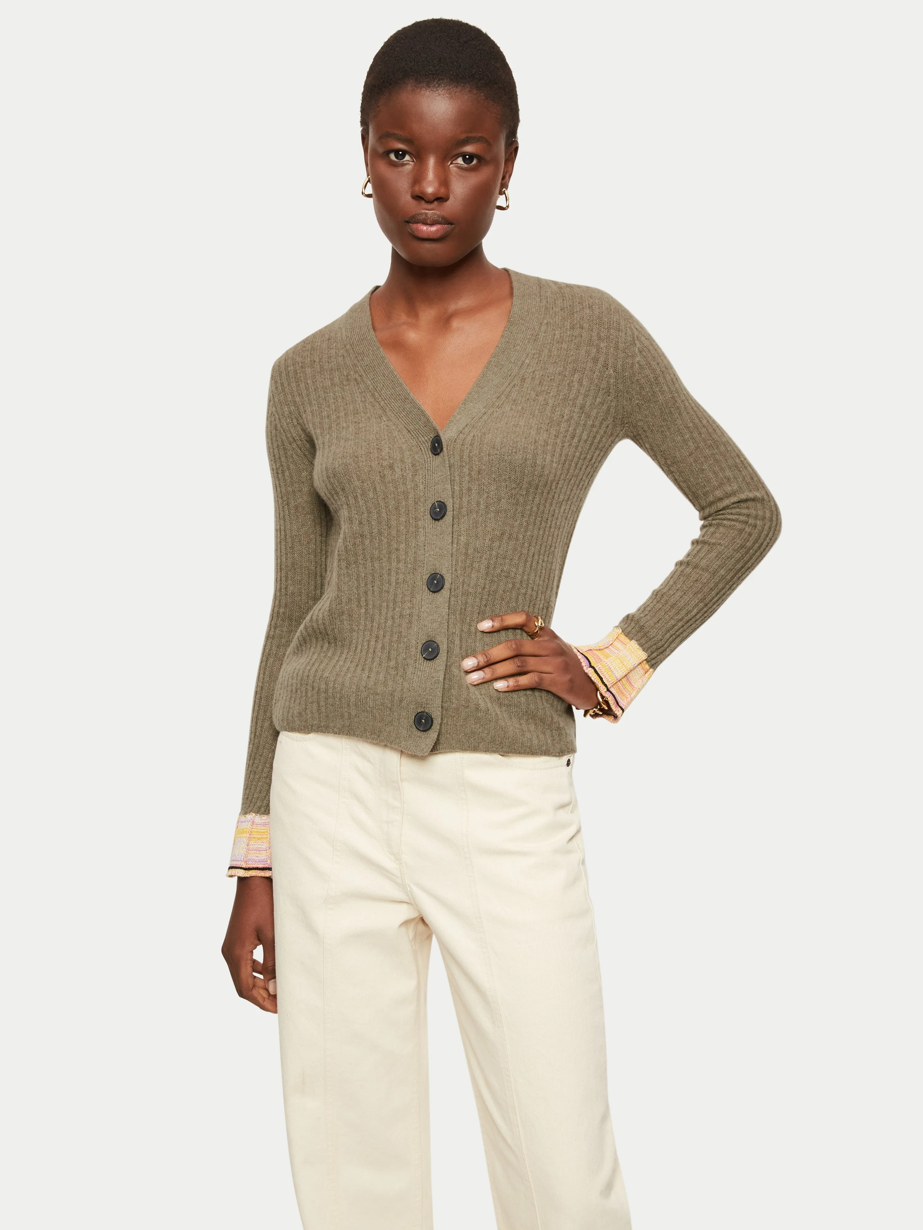 Merino Cashmere Rib V Cardigan | Khaki sold by Jigsaw
