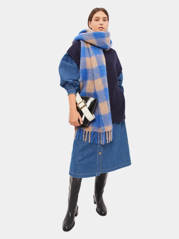 Alpaca Check Blanket Scarf | Blue sold by Jigsaw