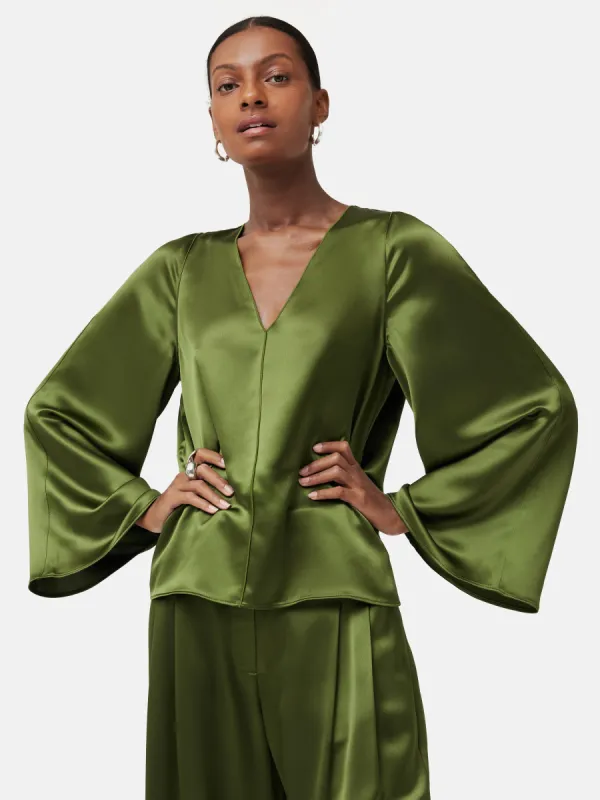 Satin Drape Fluted Sleeve Top | Green sold by Jigsaw