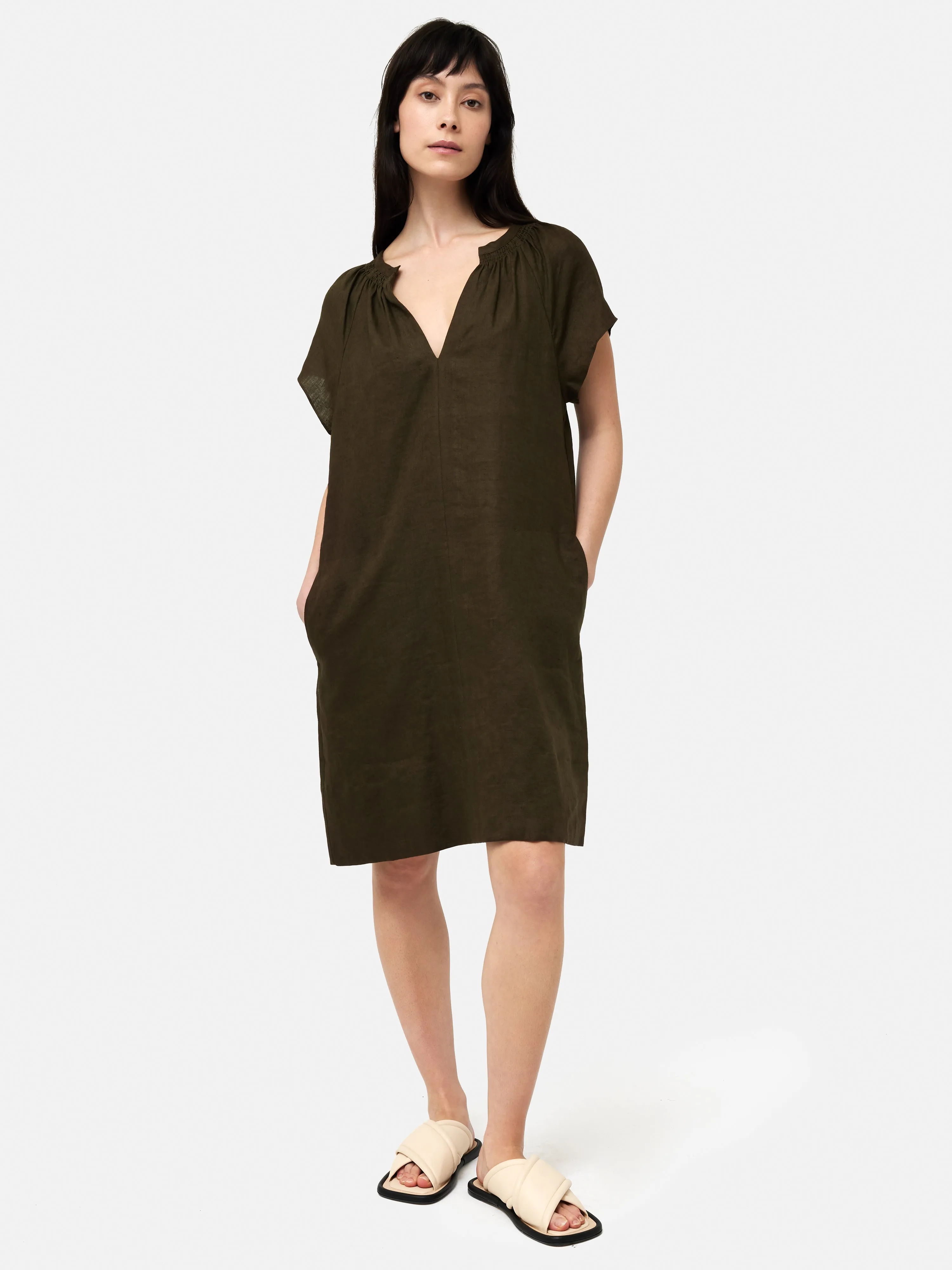 Linen Smocked T-shirt Dress | Dark Green sold by Jigsaw