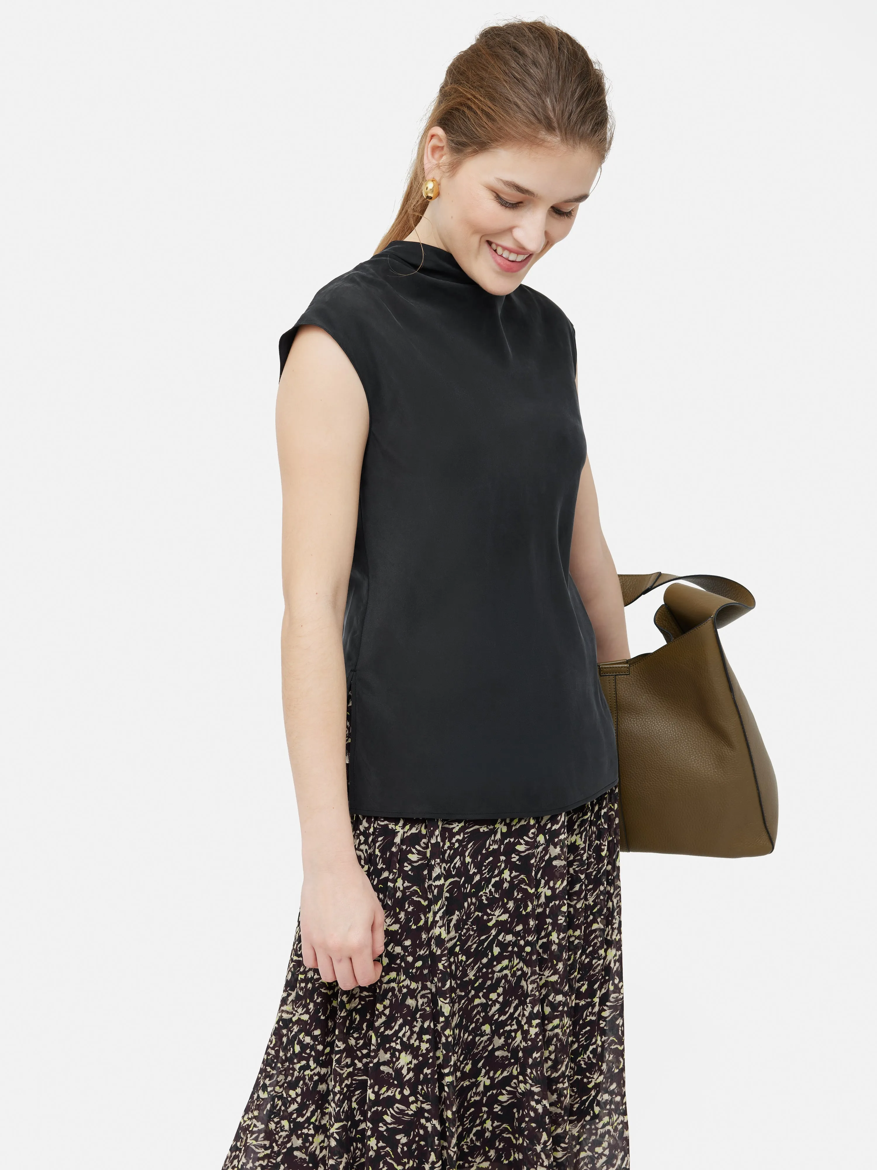 Silk Habotai Cowl Neck Top | Black sold by Jigsaw