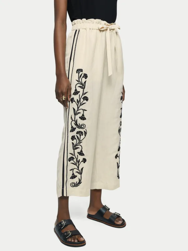 Linen-blend Embroidery Trouser | Cream sold by Jigsaw