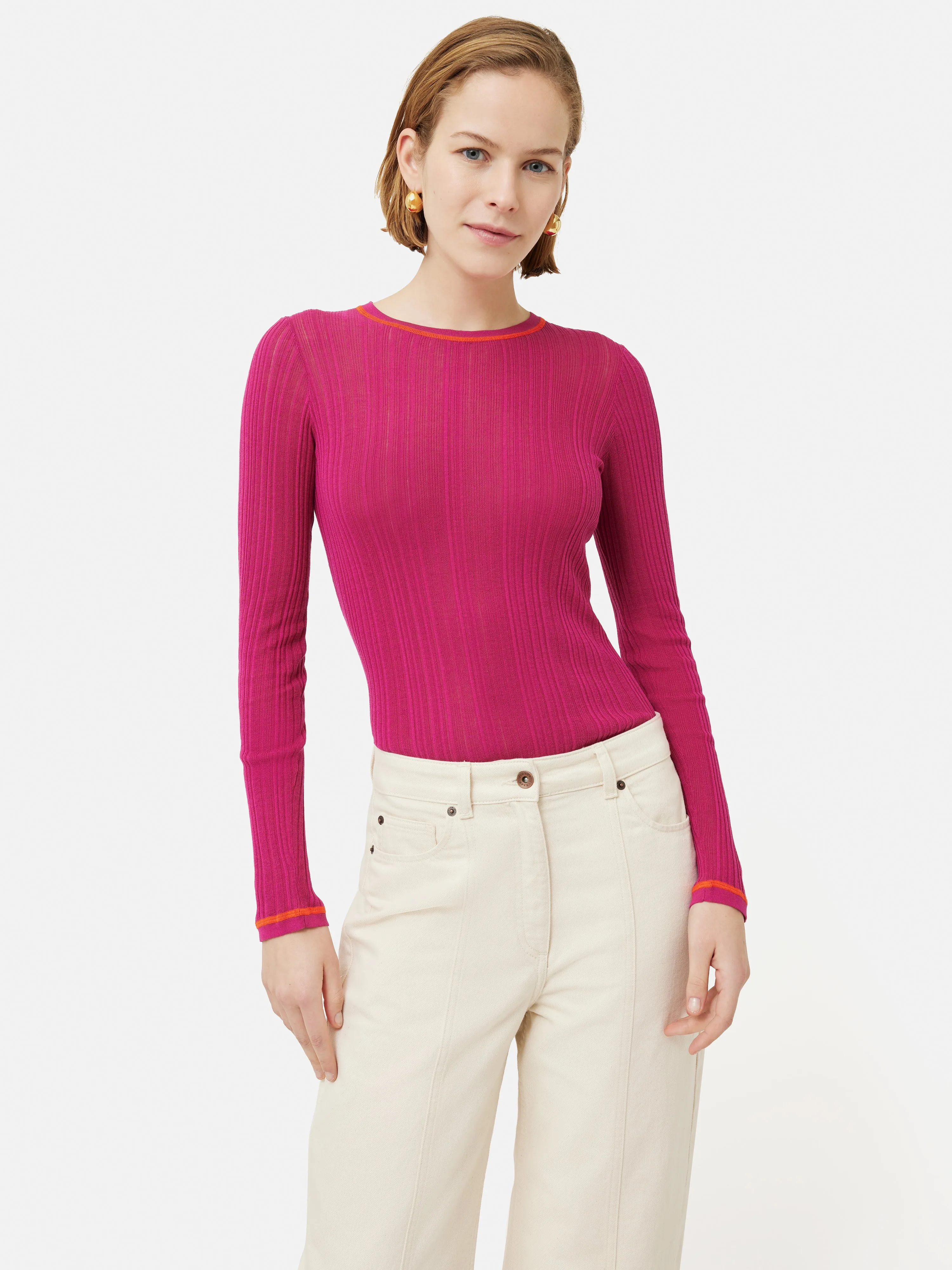 Silk Cotton Rib Crew Jumper | Pink sold by Jigsaw