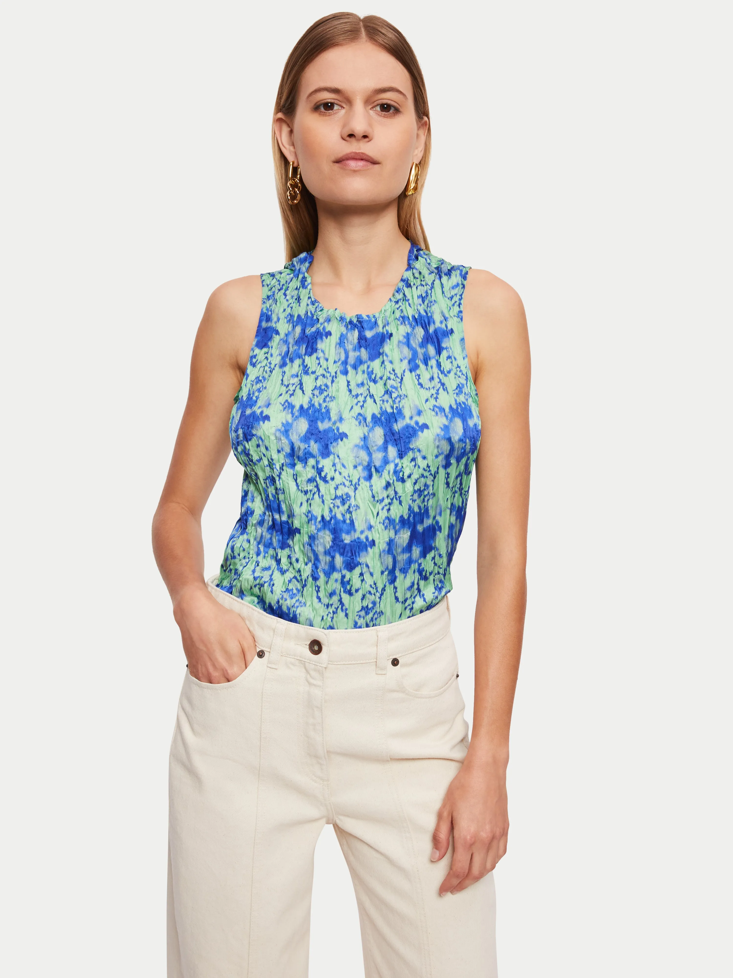 Tie Dye Crinkle Silk Mix Top | Blue sold by Jigsaw