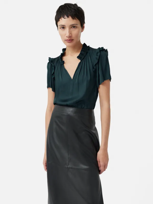 Recycled Satin Ruffle Top | Blue sold by Jigsaw