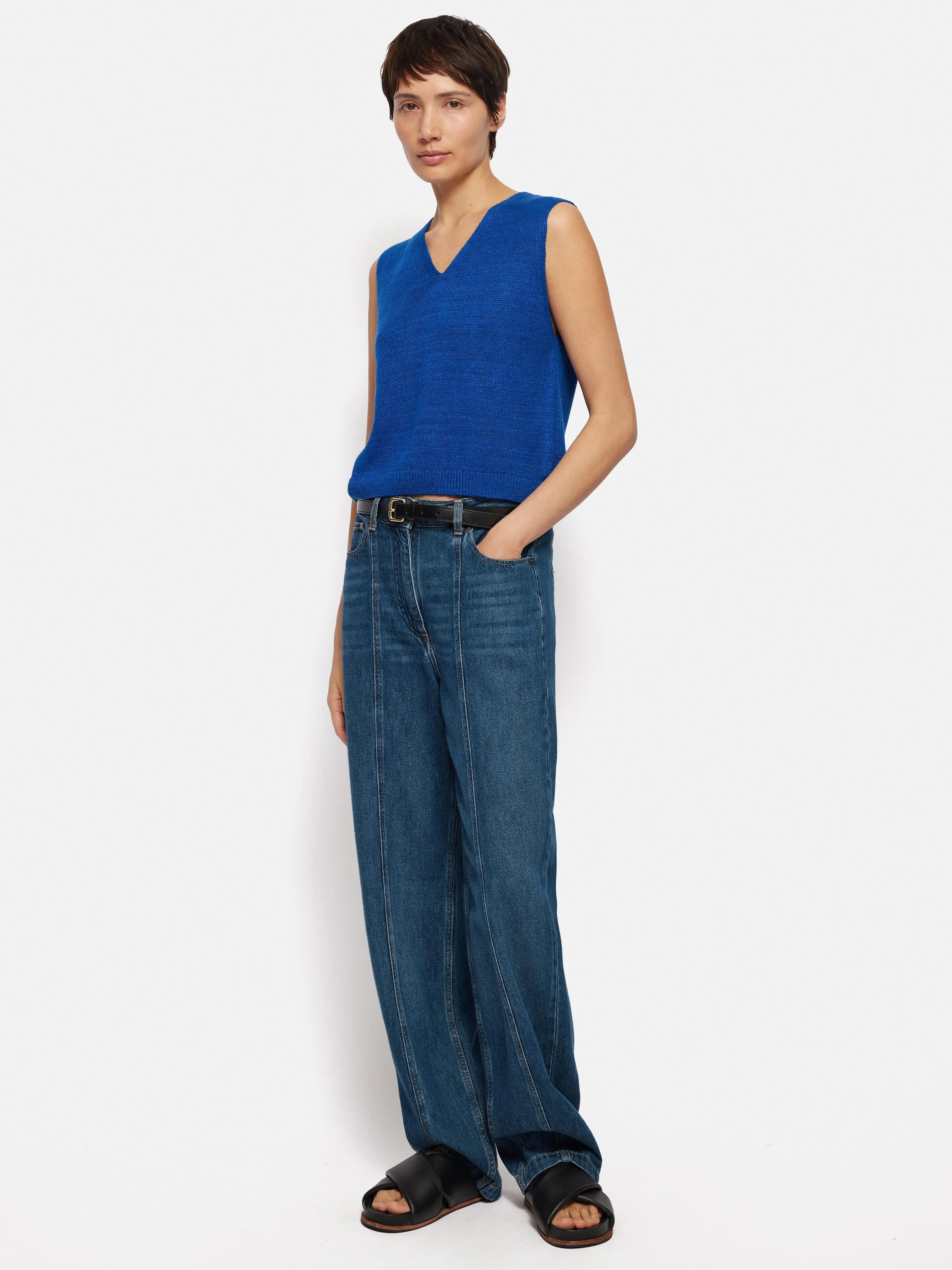 Linen Slub Cropped V Tank Top | Blue sold by Jigsaw product image thumbnail 3