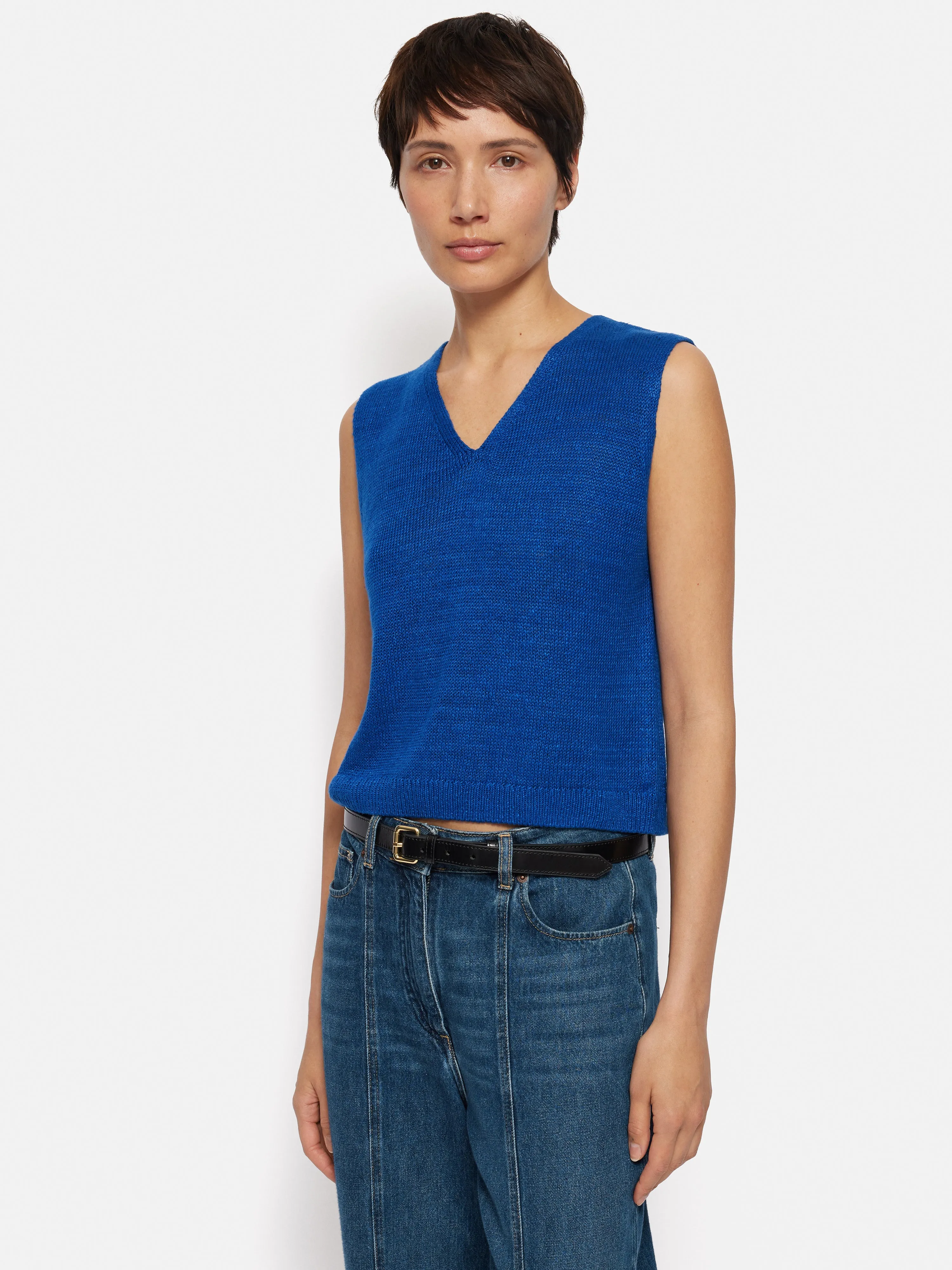 Linen Slub Cropped V Tank Top | Blue sold by Jigsaw