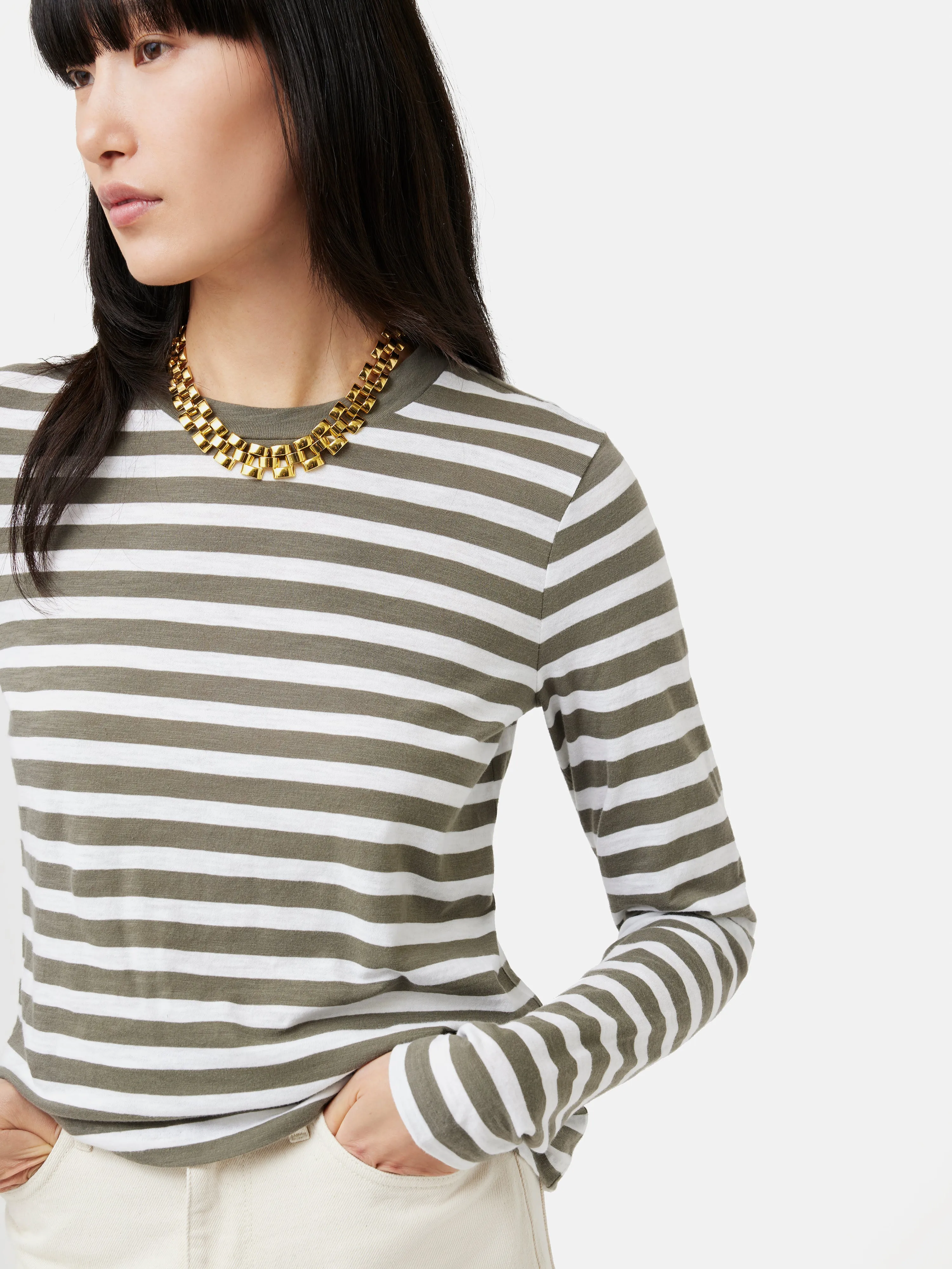 Cotton Slub Stripe Long Sleeve Tee | Khaki sold by Jigsaw product image thumbnail 2