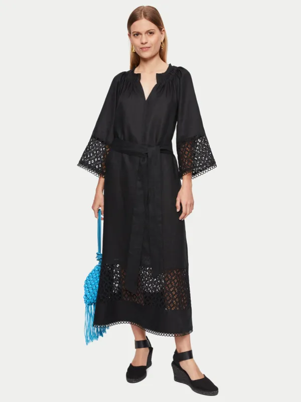Lillia Linen Broderie Midi Dress | Black sold by Jigsaw