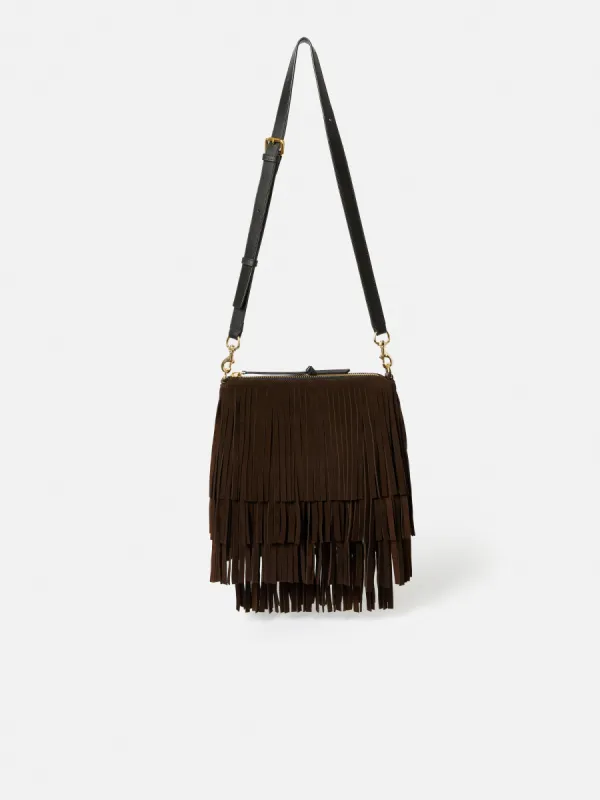 Ava Fringed Suede Crossbody | Chocolate sold by Jigsaw