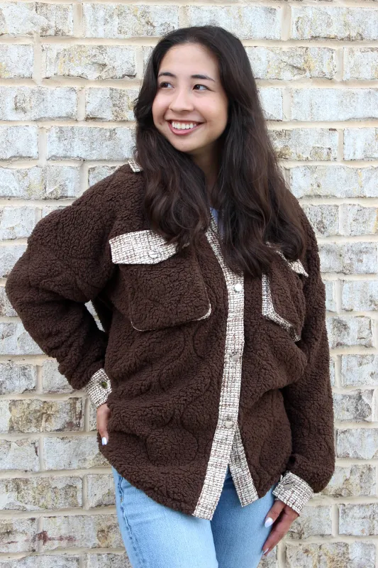Myrtle Sherpa/Tweed Shacket sold by Jen & Co.