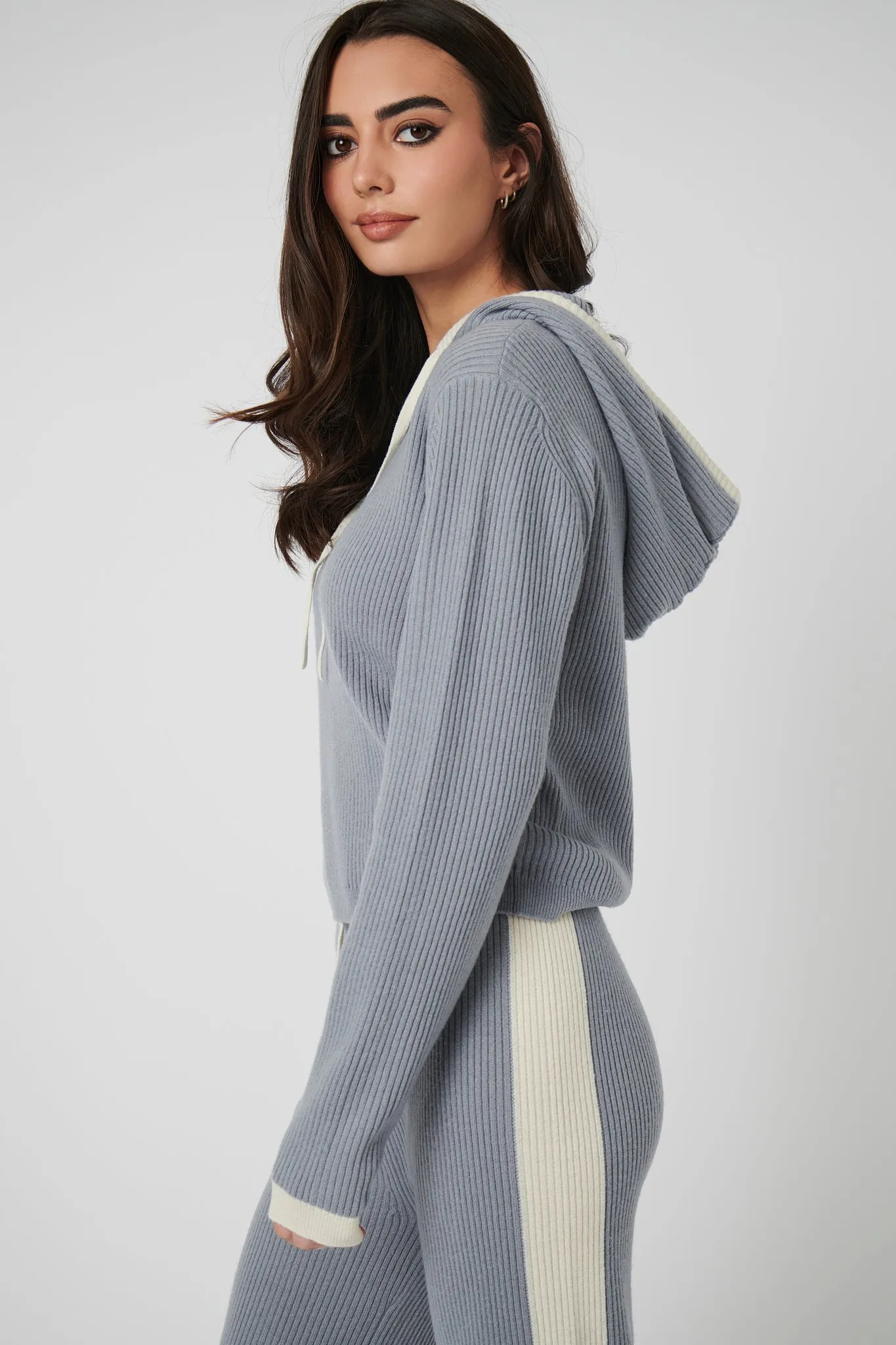 Rib Trim Cashmere Hoodie - Ice Grey / White sold by My Sunday Ski product image thumbnail 2