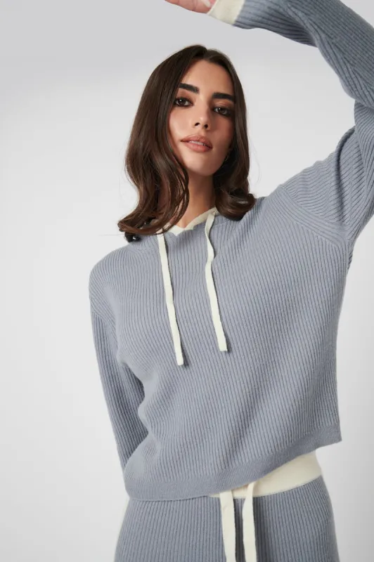 Rib Trim Cashmere Hoodie - Ice Grey / White sold by My Sunday Ski