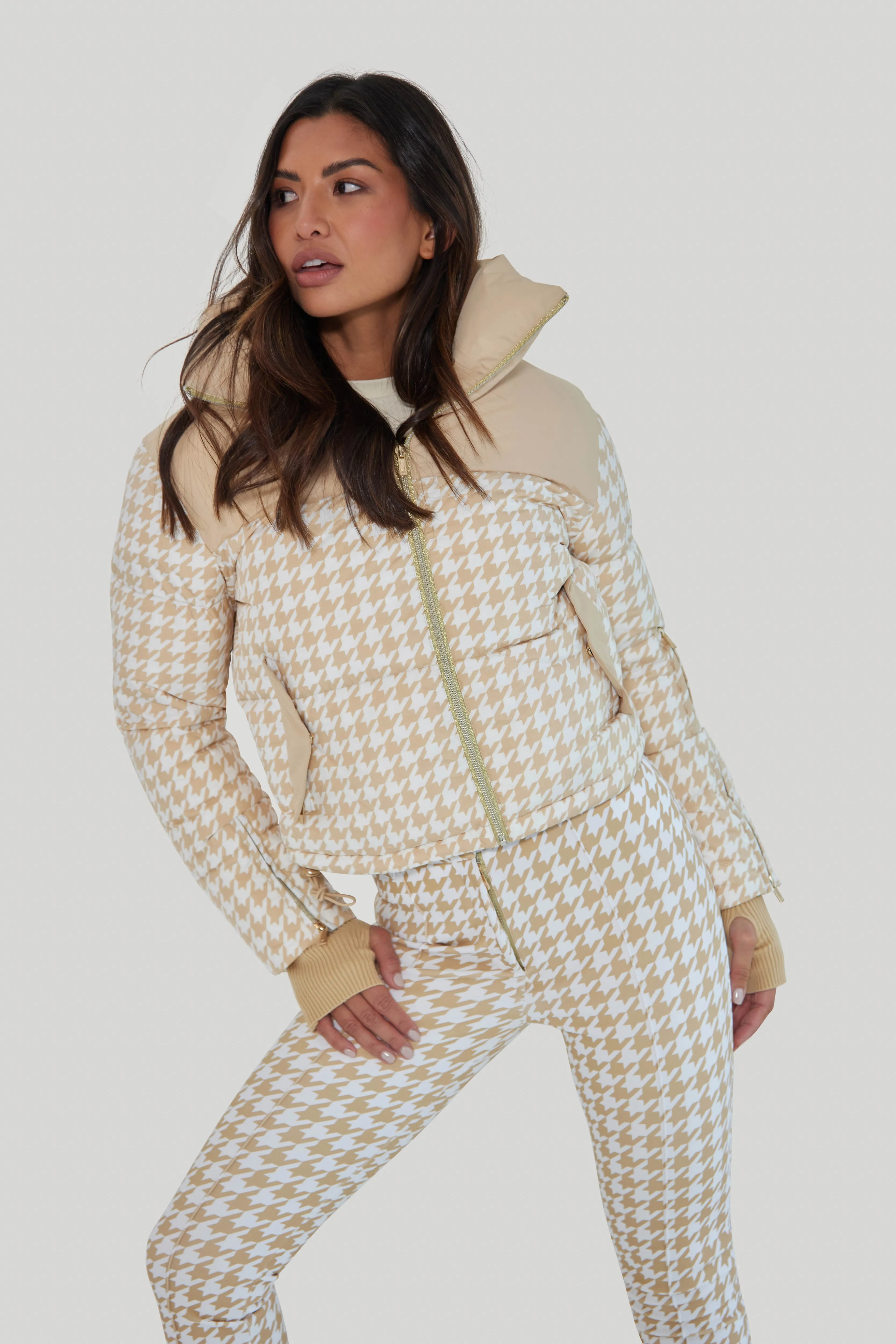 Cropped Bomber Ski Jacket – Nude Houndstooth sold by My Sunday Ski