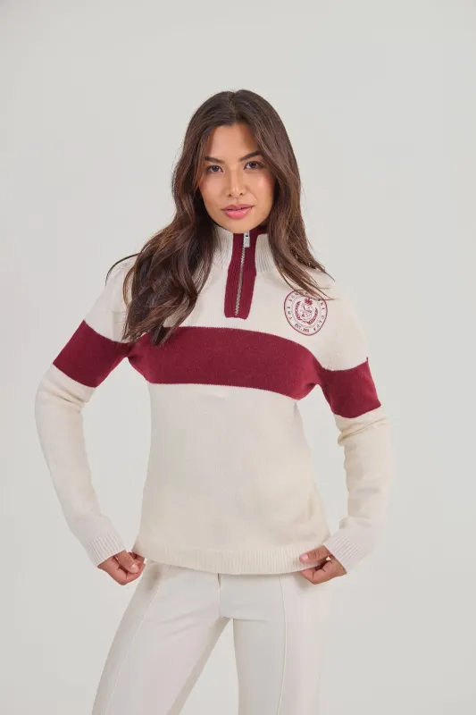 Merino Varsity Quarter Zip - Cream / Burgundy sold by My Sunday Ski
