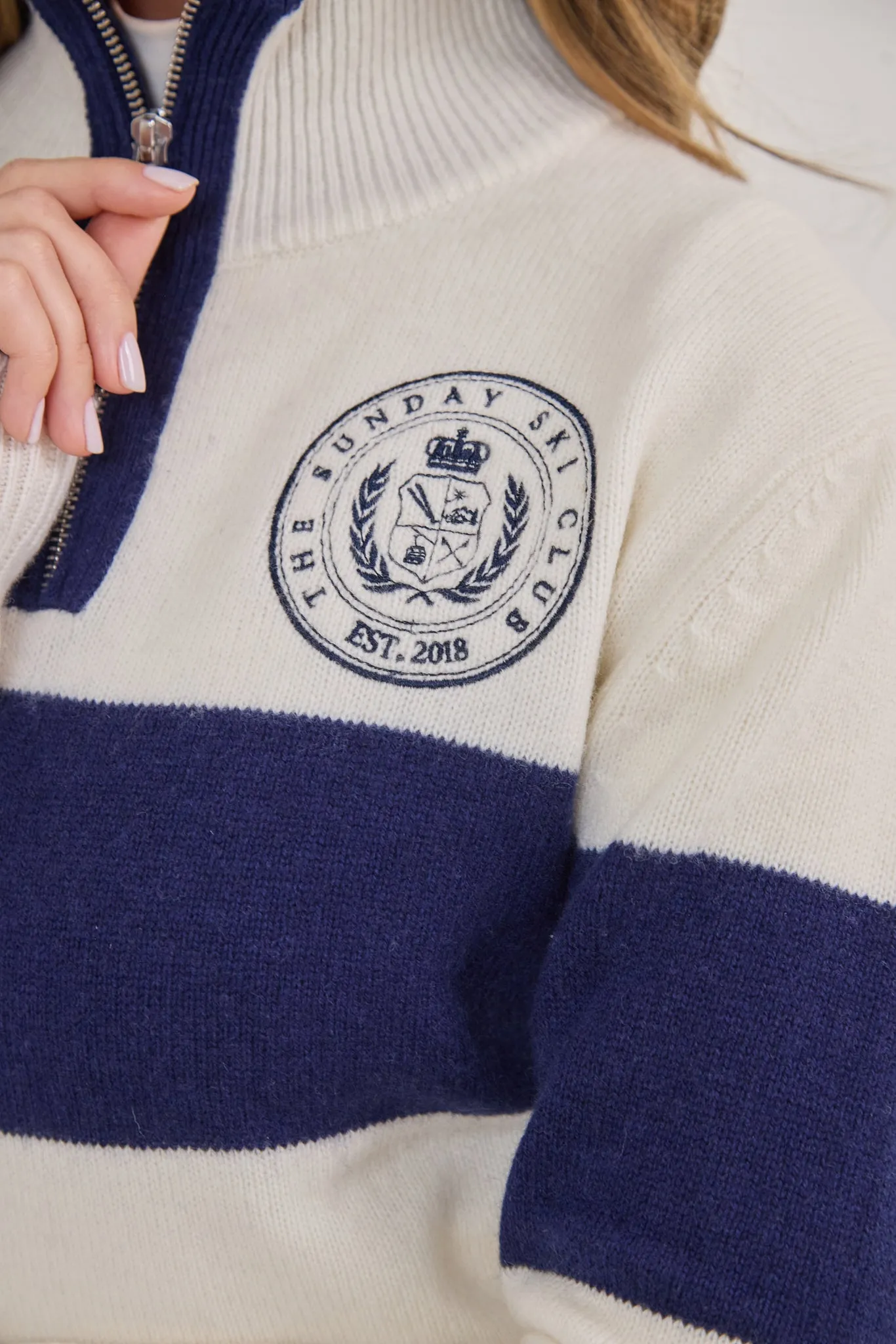 Merino Varsity Quarter Zip - Cream / Navy sold by My Sunday Ski product image thumbnail 4