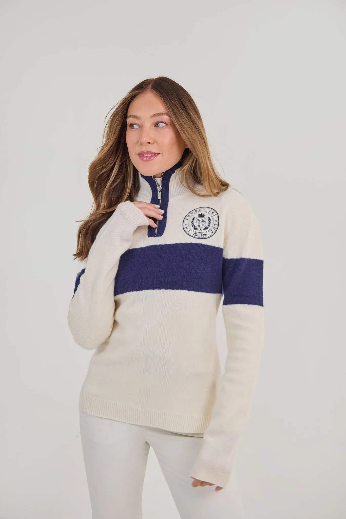 Merino Varsity Quarter Zip - Cream / Navy sold by My Sunday Ski product image thumbnail 2