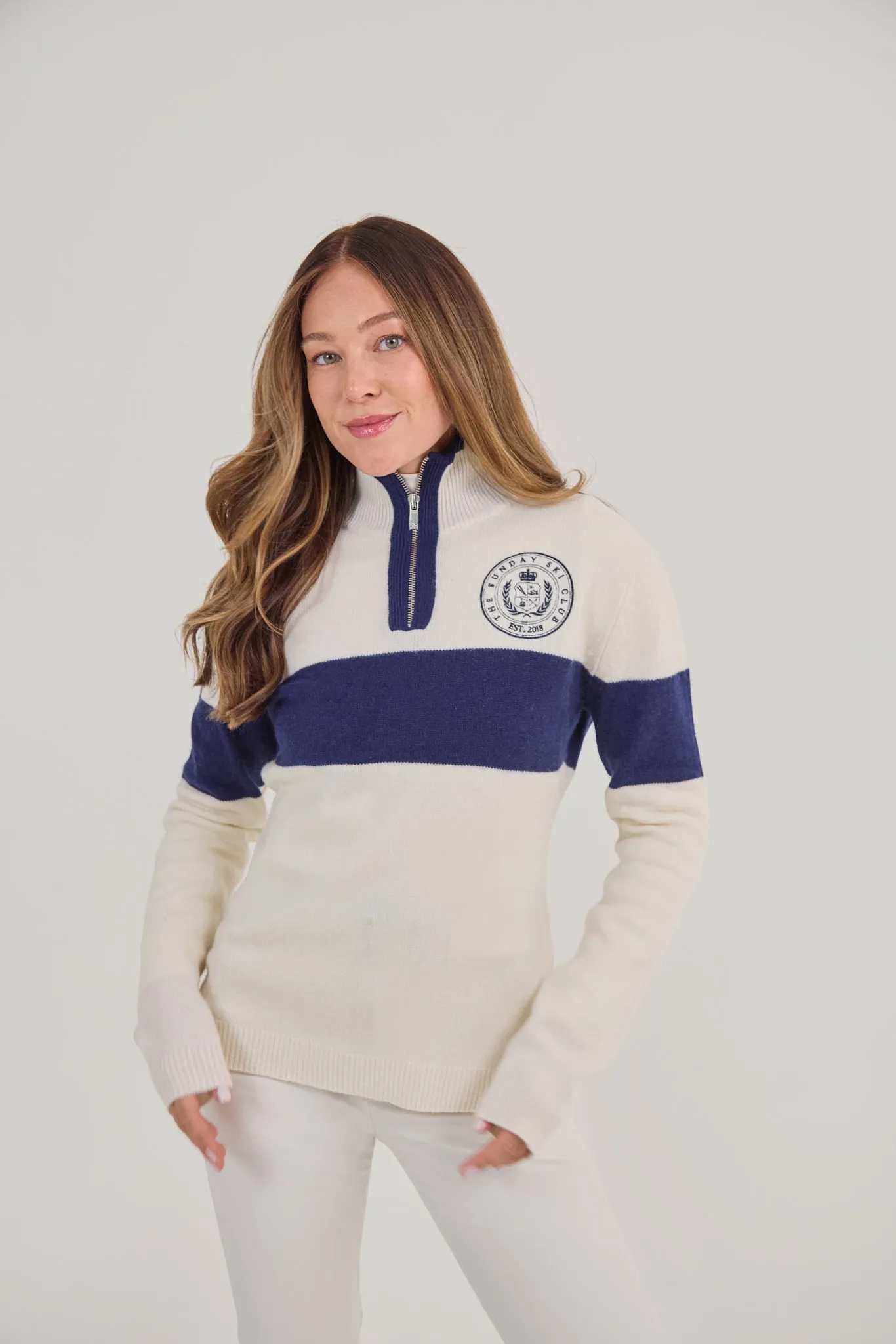 Merino Varsity Quarter Zip - Cream / Navy sold by My Sunday Ski