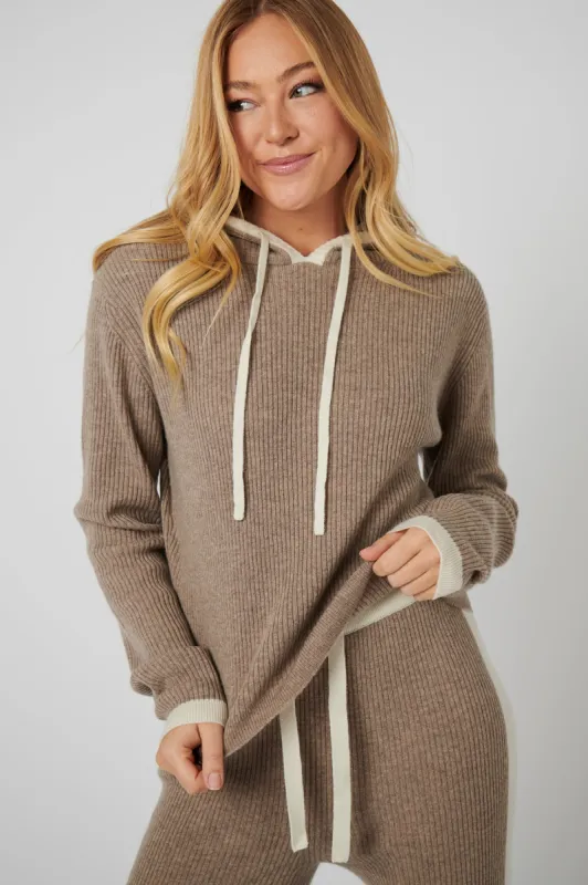 Rib Trim Cashmere Hoodie - Oat / White sold by My Sunday Ski